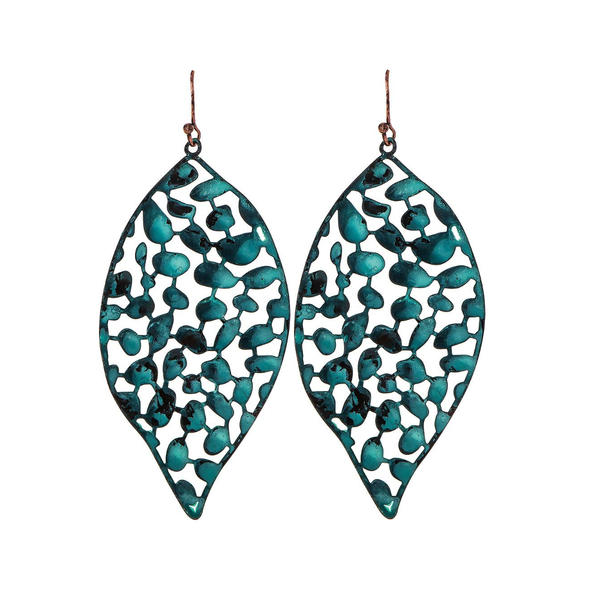 Rain Dangle Earrings, Pointy Wavy Leaf - Patina (E2854P)