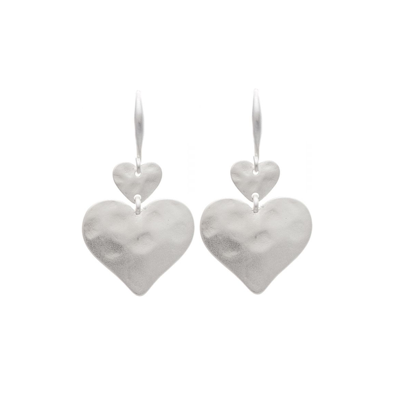 Rain Dangle Earrings, Double Hearts - Silver (E2622S)