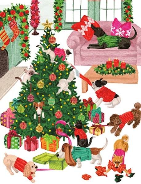 Caspari Boxed Christmas Cards, Pets Unwrapping Gifts - 16 Cards (103228)