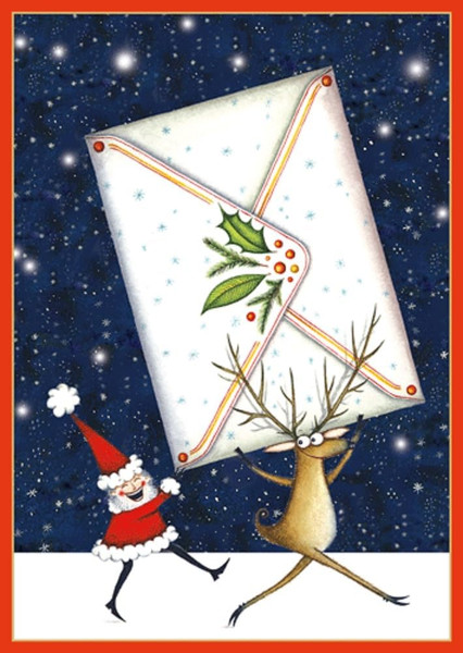 Caspari Boxed Christmas Cards, Santa And Reindeer With Envelope - 16 Small Cards (103117)
