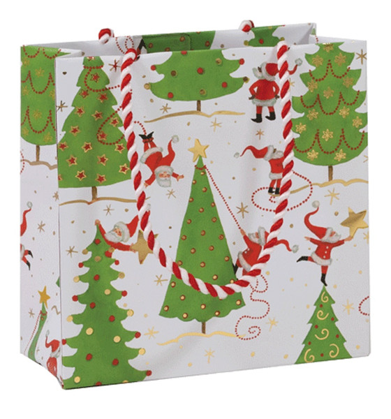 Caspari Small Square Gift Bag, Twirling Santas (10060B1.5)
