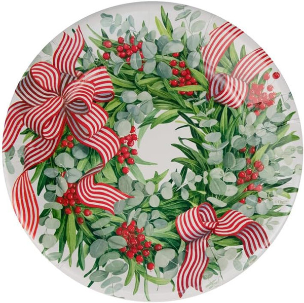 Caspari Round Paper Dinner Plates, Ribbon Stripe Wreath, 2 Pack (17540DP)