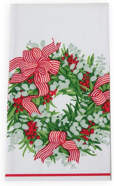 Caspari Paper Guest Towel Napkins,  Ribbon Stripe Wreath - 2 Packs (17540G)
