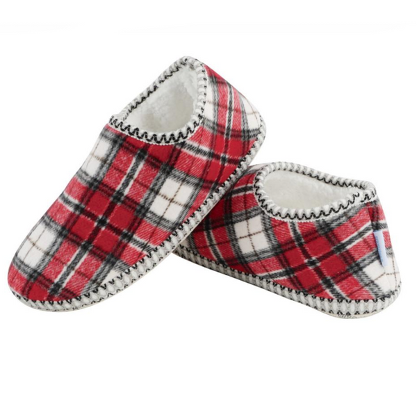 Snoozies Women's Cabin Slippers, Red & Cream Plaid - Medium (WPCABIN-RDCRM)