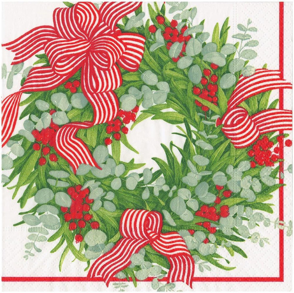 Caspari Paper Beverage Napkins, Ribbon Stripe Wreath - 2 Packs (17540C)