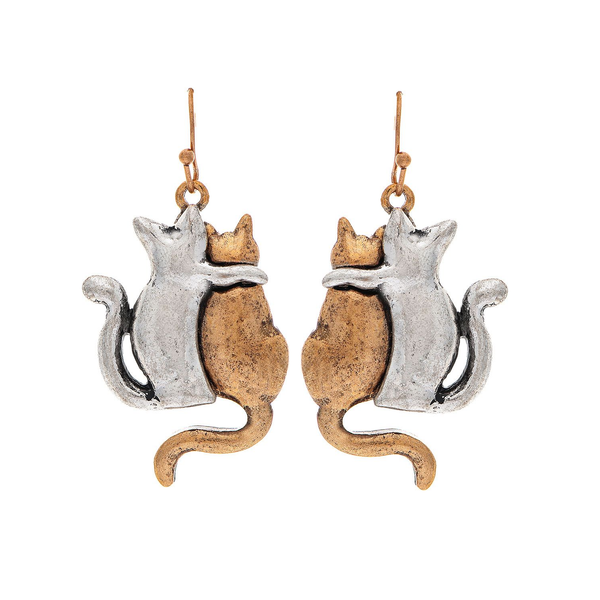 Rain Dangle Earrings, Furry Friends Cats - Two Tone (E3617TT)