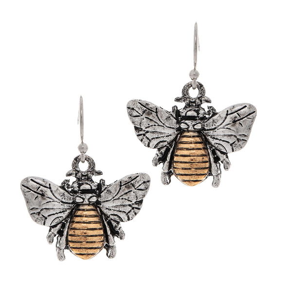 Rain Dangle Earrings, 3D Bee - Two Tone (E2910TT)