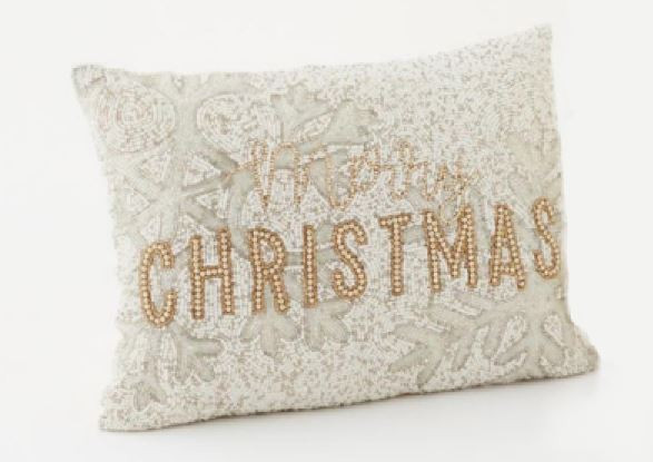 One Hundred 80 Degrees White & Gold Beaded Pillow, Merry Christmas (SI039A)