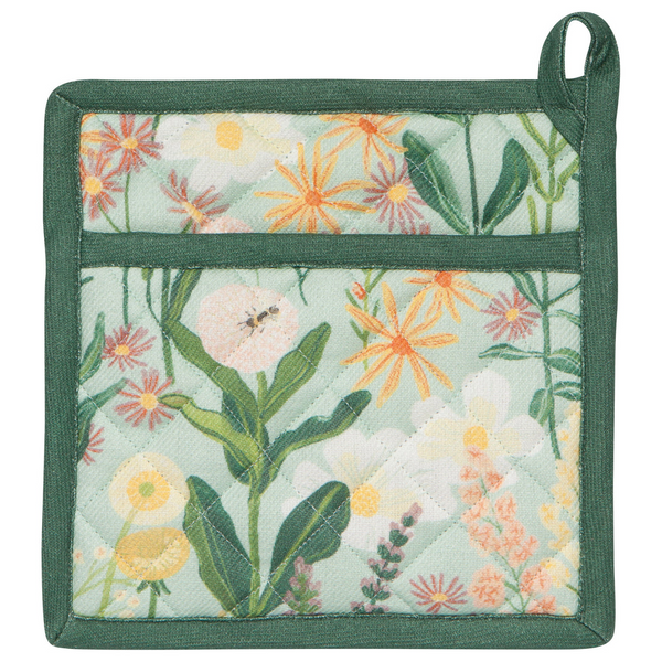 Now Designs Classic Potholder, Bees & Blooms Spruce (NPH1749D)