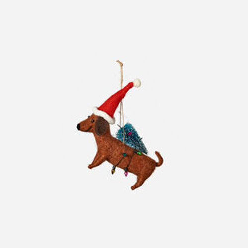 One Hundred 80 Degrees Wool Dog Ornament, with Santa hat - 4" (HW0270C)