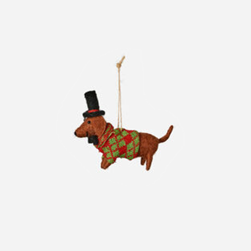 One Hundred 80 Degrees Wool Dog Ornament, with Black Hat- 4" (HW0270G)
