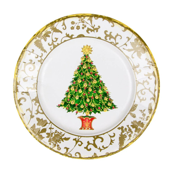 Caspari Round Paper Salad/Dessert Plates, Gilded Tree - 2 Packs (18100SP)