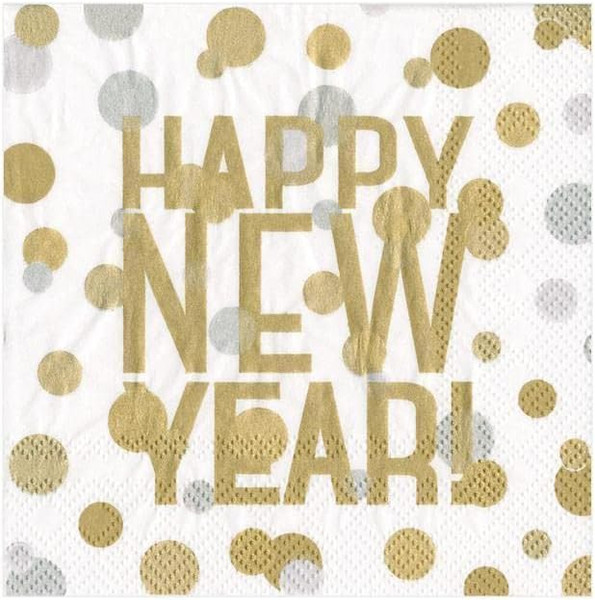 Caspari Paper Beverage Napkins, Confetti Happy New Year - 2 Packs (15082C)