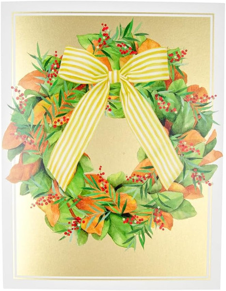 Caspari Boxed Christmas Cards, Magnolia Wreath w Striped Bow - 15 Cards (104306)