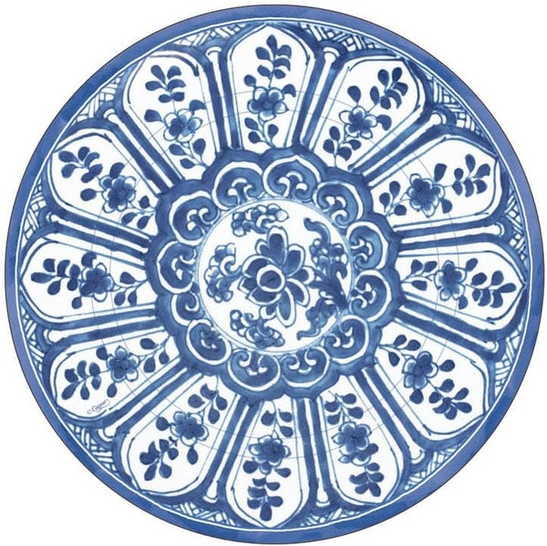 Caspari Round Paper Salad/Dessert Plate, Indigo Garden Blue and White - 2 Packs (18940SP)