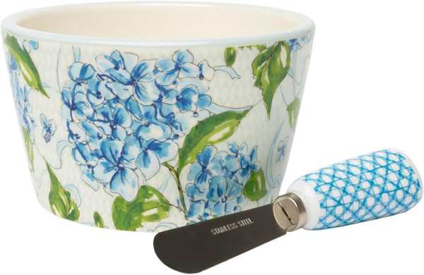 Boston International Small Ceramic Dip Bowl and Spreader Serving Set, Blue Hydrangea (KAC26004)
