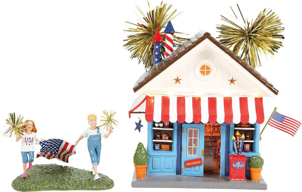 Department 56 Snow Village, The Semi-Quincentennial Fireworks with Stars and Stripes Light Up Building and Figurine Set (6018464)