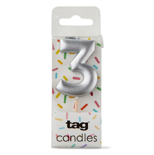 TAG Metallic Silver Digit Candle - "3" (G21930-S3)