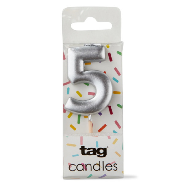 TAG Metallic Silver Digit Candle - "5" (G21930-S5)