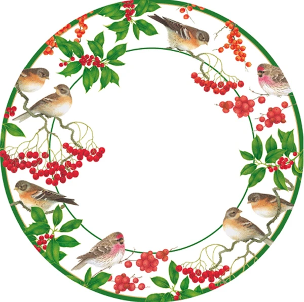 Caspari Round Paper Dinner Plates, Birds And Berries White - 2 Packs (19210DP)