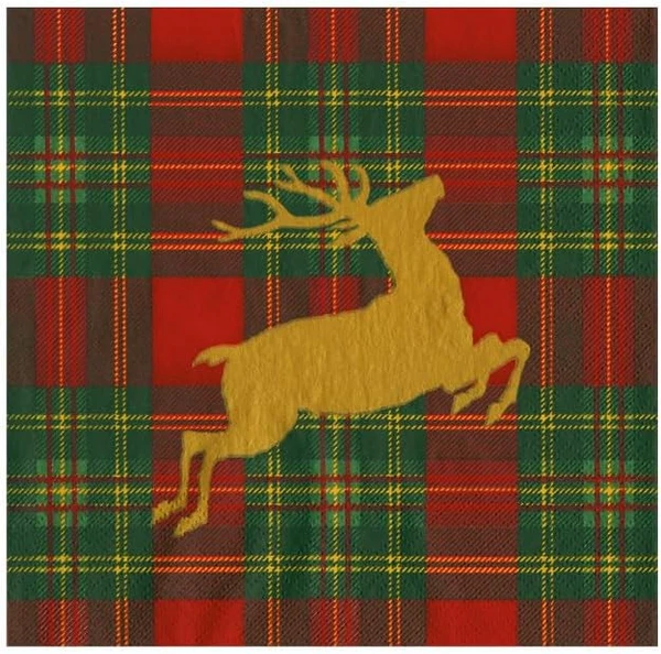 Caspari Paper Beverage Napkins, Reindeer Tartan Red - 2 Packs (18630C)