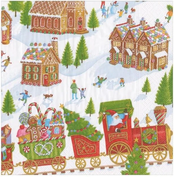 Caspari Recycled Paper Beverage Napkins, Gingerbread Village - 2 Packs (15471EC)