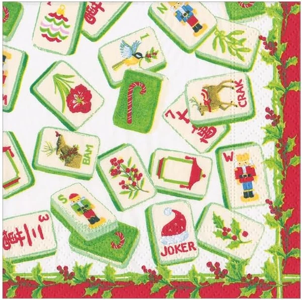 Caspari Paper Beverage Napkins, Christmas Mahjong - 2 Packs (19310C)
