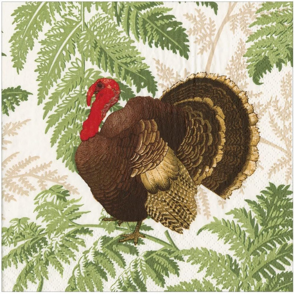 Caspari Paper Dinner Napkins, Turkey Among Ferns - 2 Packs (18770D)