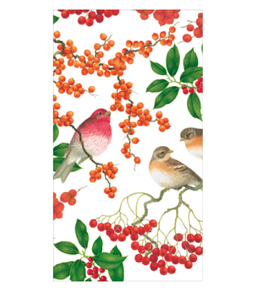 Caspari Paper Guest Towel Napkins, Birds And Berries White - 2 Packs (19210G)