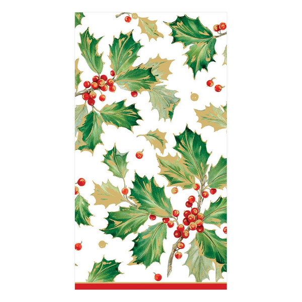Caspari Paper Guest Towel Napkins, Gilded Holly White - 2 Packs (13420G)