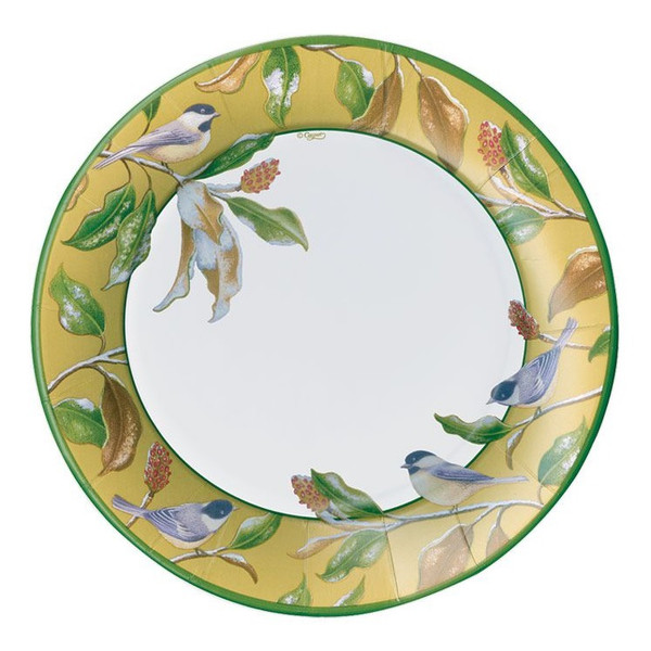 Caspari Round Paper Salad/Dessert Plates, Chickadee and Magnolia Gold - 2 Packs (14830SP)