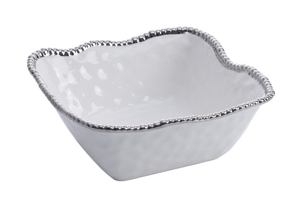 Pampa Bay Salerno Large Porcelain Square Salad Bowl, White/Silver (CER-2253-W)