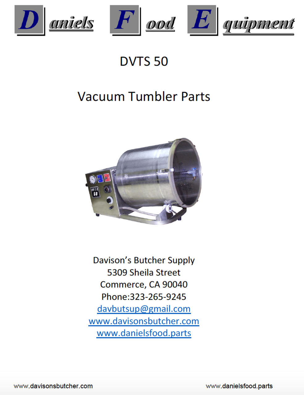  Daniels Food DVTS 50 Vacuum Tumbler / Marinator Parts - Parts List