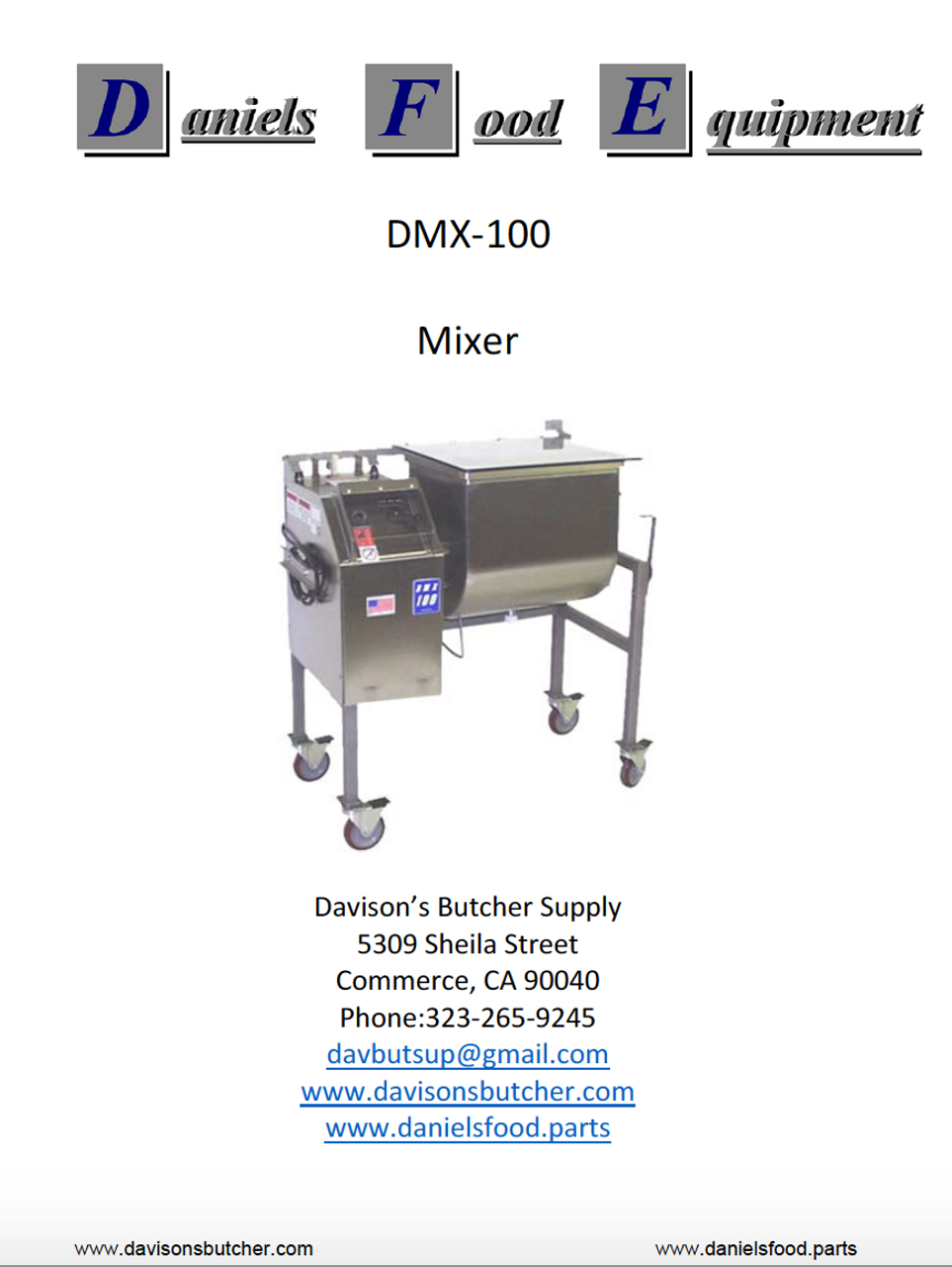  DanielsFood DMX 100 Mixer  Parts - Parts List