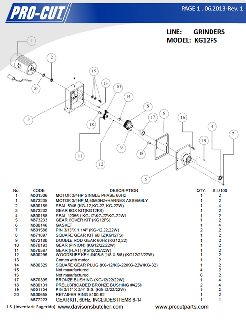 ProCut KG-12FS - Meat Grinder Parts List