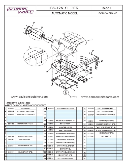 German Knife GS-12A - Meat & Deli Slicer Parts List