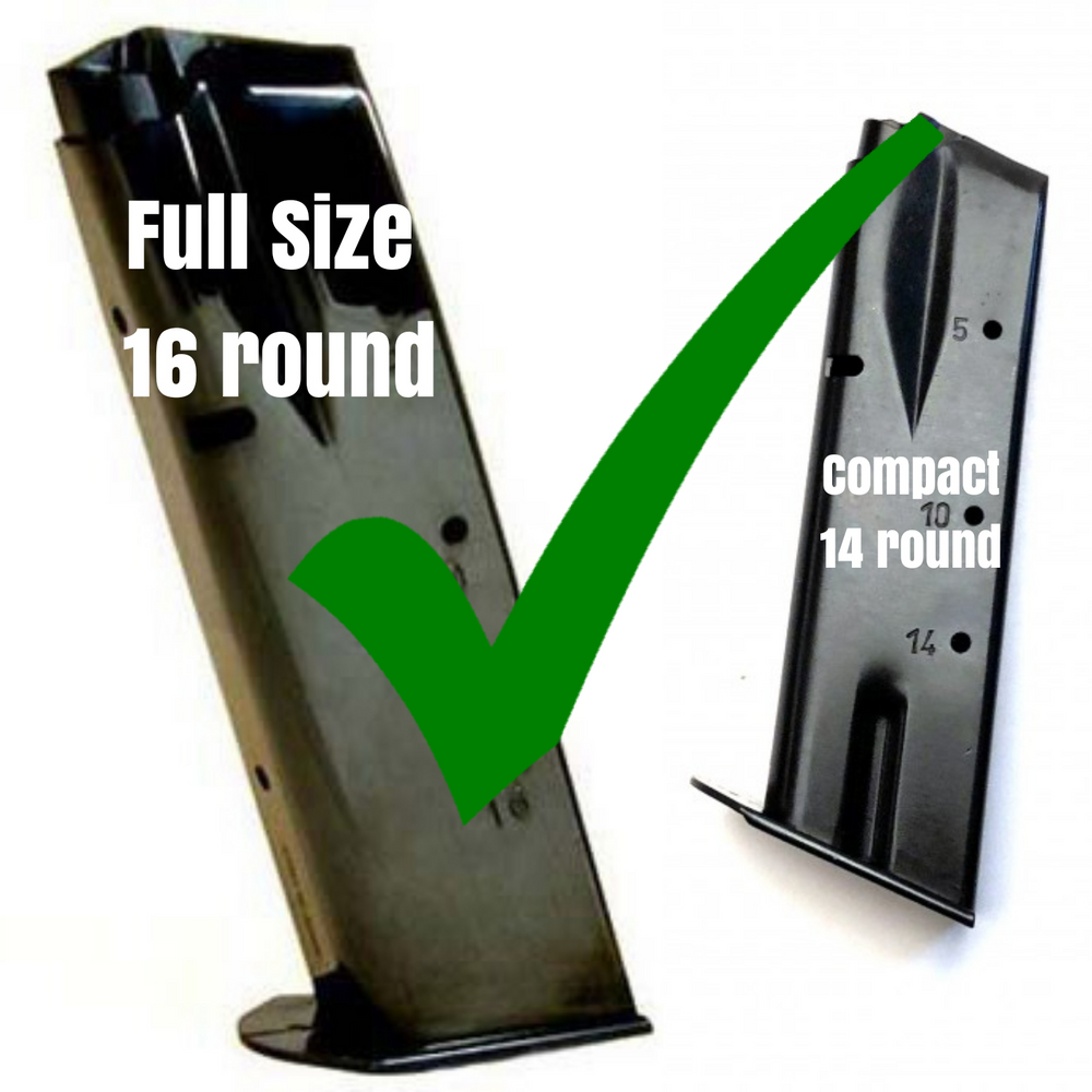 Will fit the older style 14 round compact and 16 round full size mags with the thin base plates