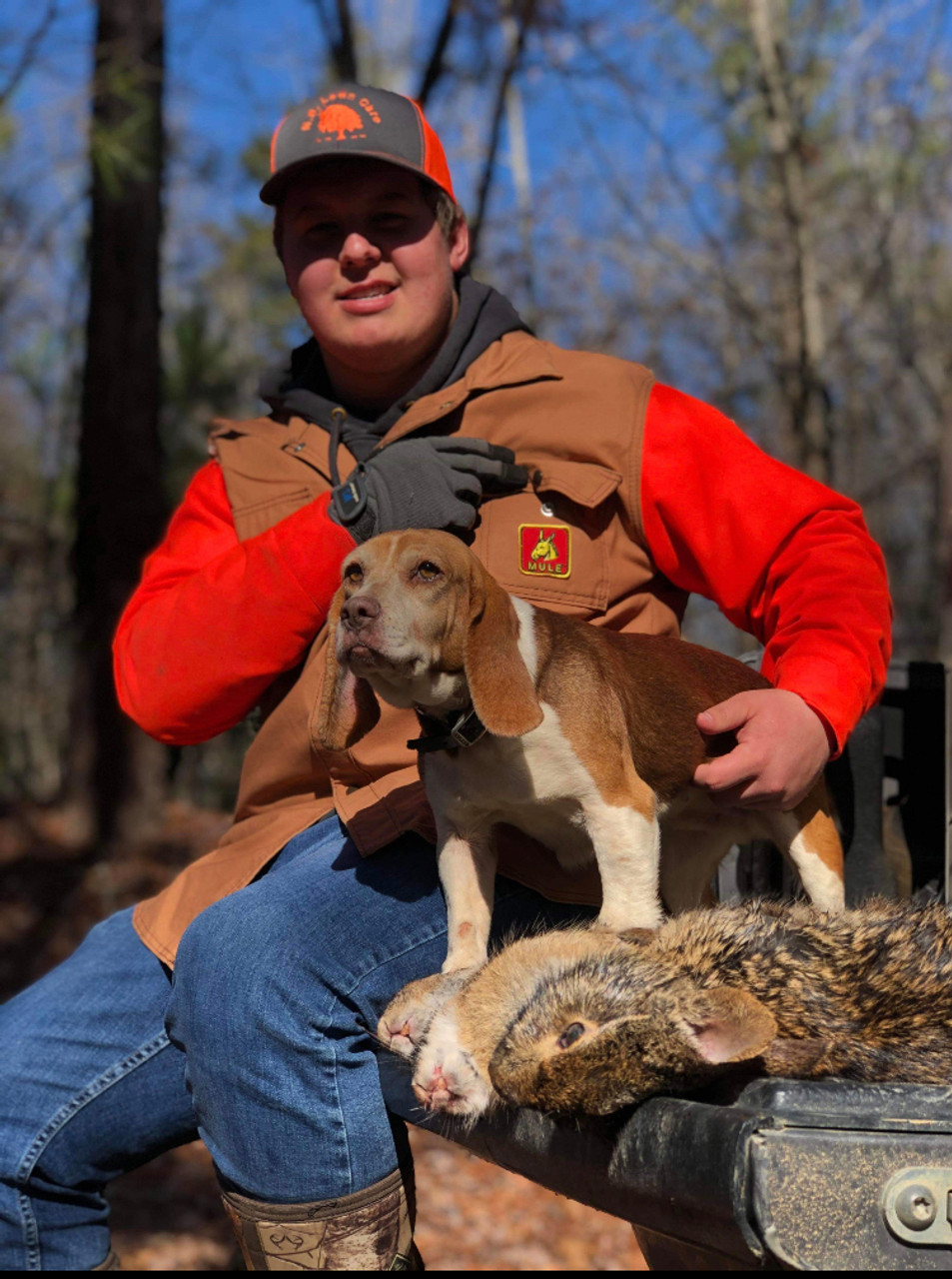 neal copeland son with mule duck shirt with briarproof sleeves with beagle