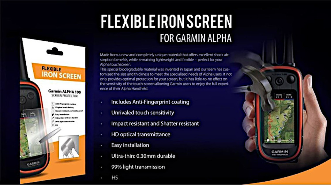 flexible iron screen protector - thinner and more flexible but still tough - for garmin alpha at okie dog supply