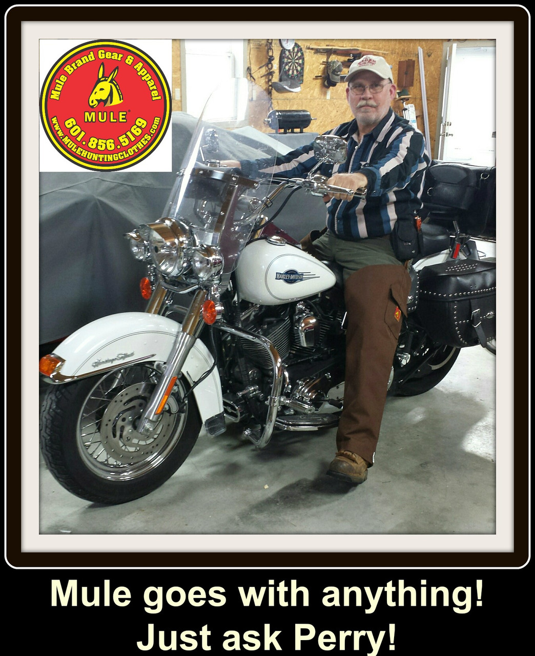 perry in mule chaps riding his motorcycle available at okie dog supply