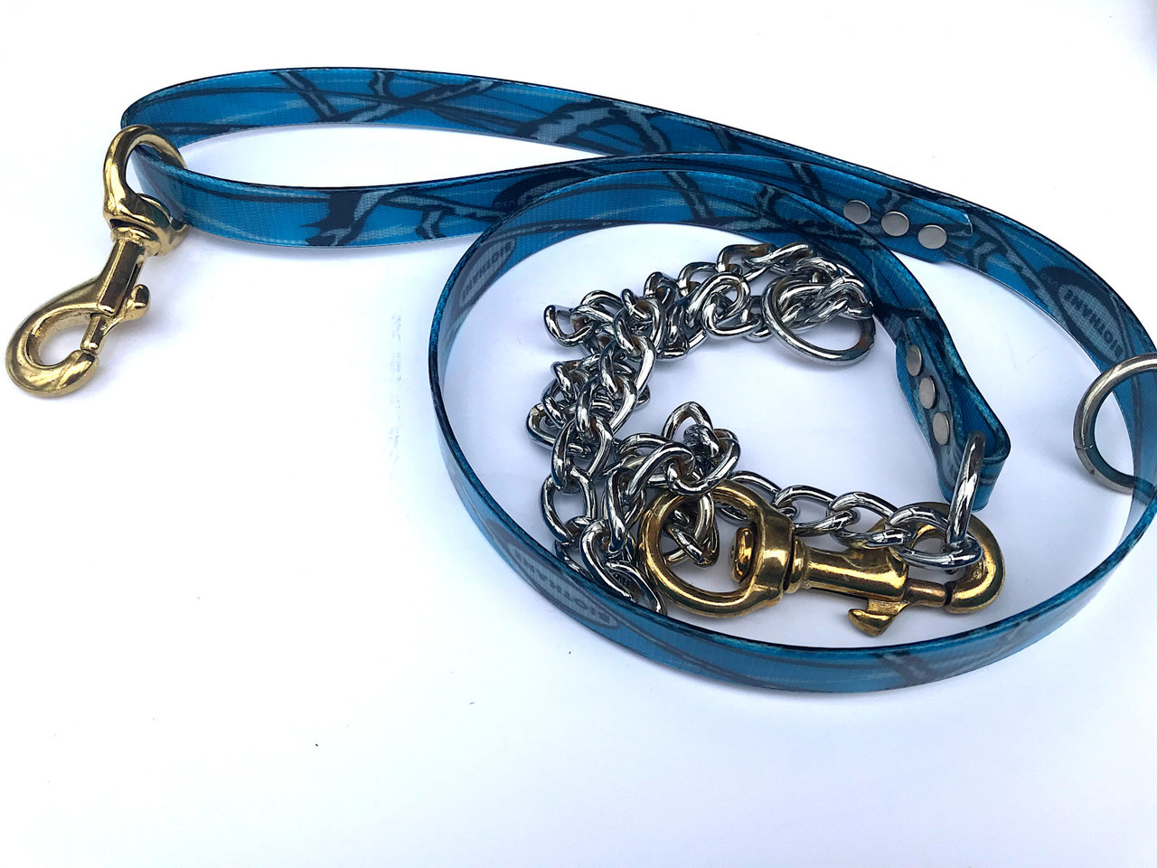 blue camo lead with chain - hand crafted at okie dog supply