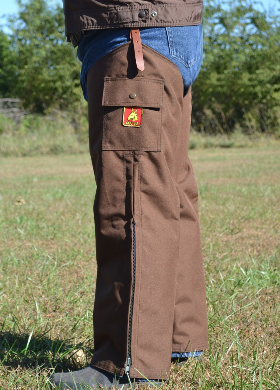 mule brand chaps in brown - original waterproof  - made for the briars for hunters by hunters
