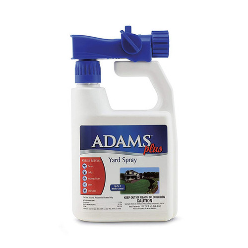 Adams Plus Yard Spray kills and repels fleas, ticks, mosquitoes, ants and crickets.