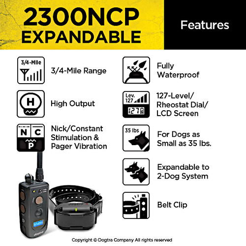 Dogtra 2300NCP key features. Expands to 2 dogs. Maximum Range is 3/4 mile.