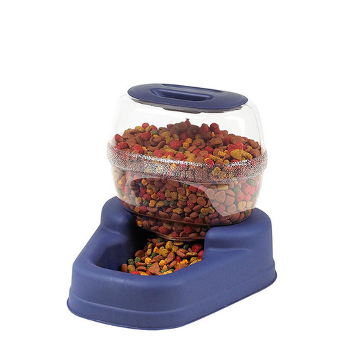 Auto pet feeder in blue for small dogs. Dispenses up to 6 pounds of food and is available at OKIE DOG SUPPLY!