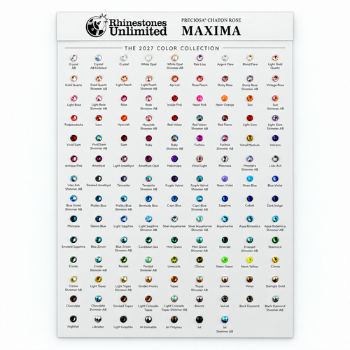MAXIMA Crystals by Preciosa 2027 Color Collection sample card showing 124 colors in size 20ss