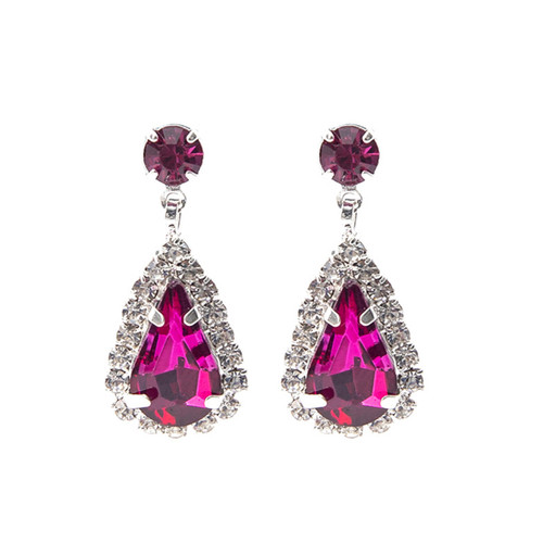Crystal Avenue Earrings 28226 - Rhinestone Teardrop Fucshia/Silver Pierced