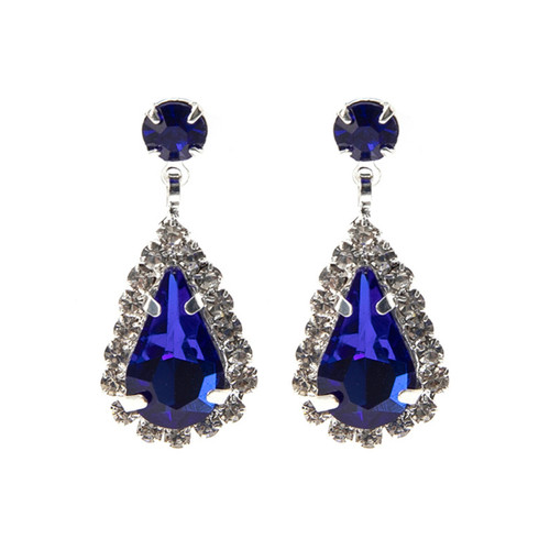 Crystal Avenue Earrings 28226 - Rhinestone Teardrop Sapphire/Silver Pierced