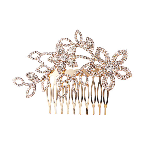 Crystal Avenue Hair Accessory 71796 - Flower + Leaves Comb Crystal/Gold