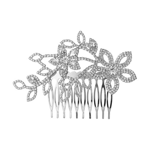 Crystal Avenue Hair Accessory 71796 - Flower + Leaves Comb Crystal/Silver
